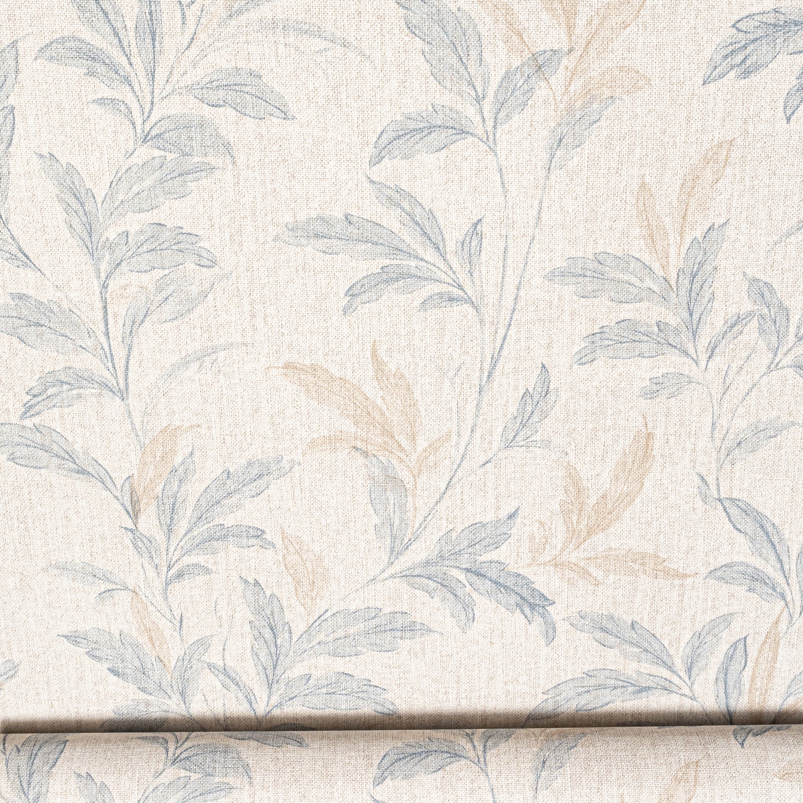 Beige Floral Wallpaper Blue Brown Leaves Slightly Imperfect Textured Linen Effect Vinyl - Image 9