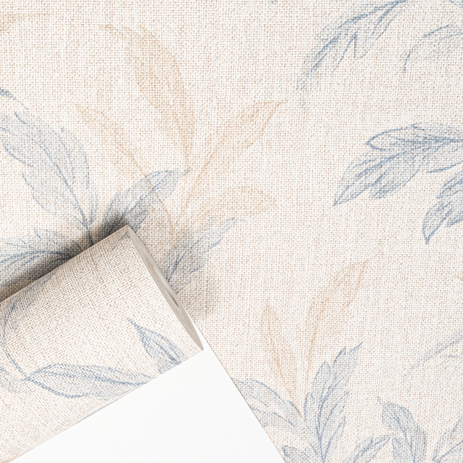 Beige Floral Wallpaper Blue Brown Leaves Slightly Imperfect Textured Linen Effect Vinyl - Image 7