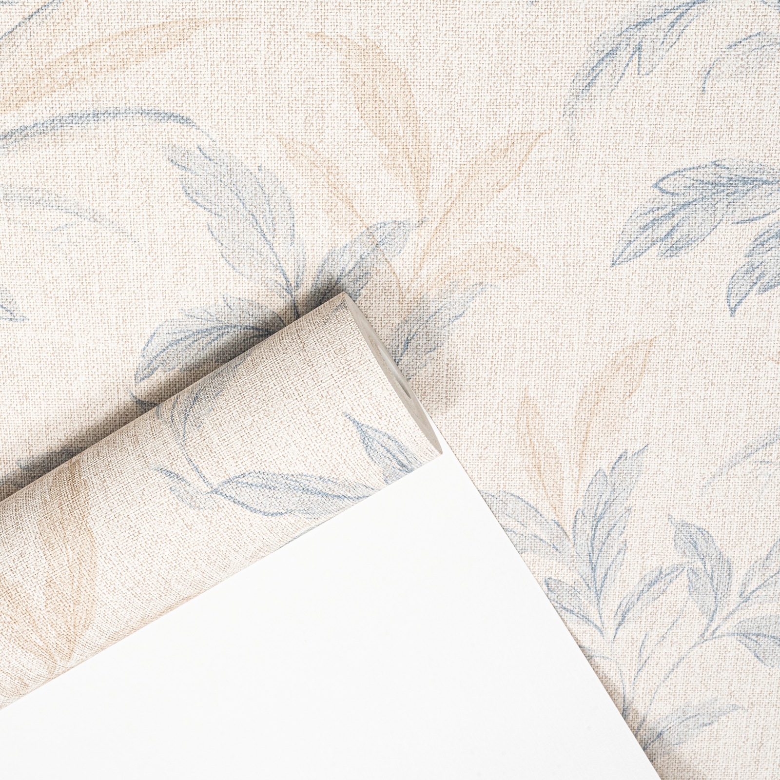 Beige Floral Wallpaper Blue Brown Leaves Slightly Imperfect Textured Linen Effect Vinyl - Image 5