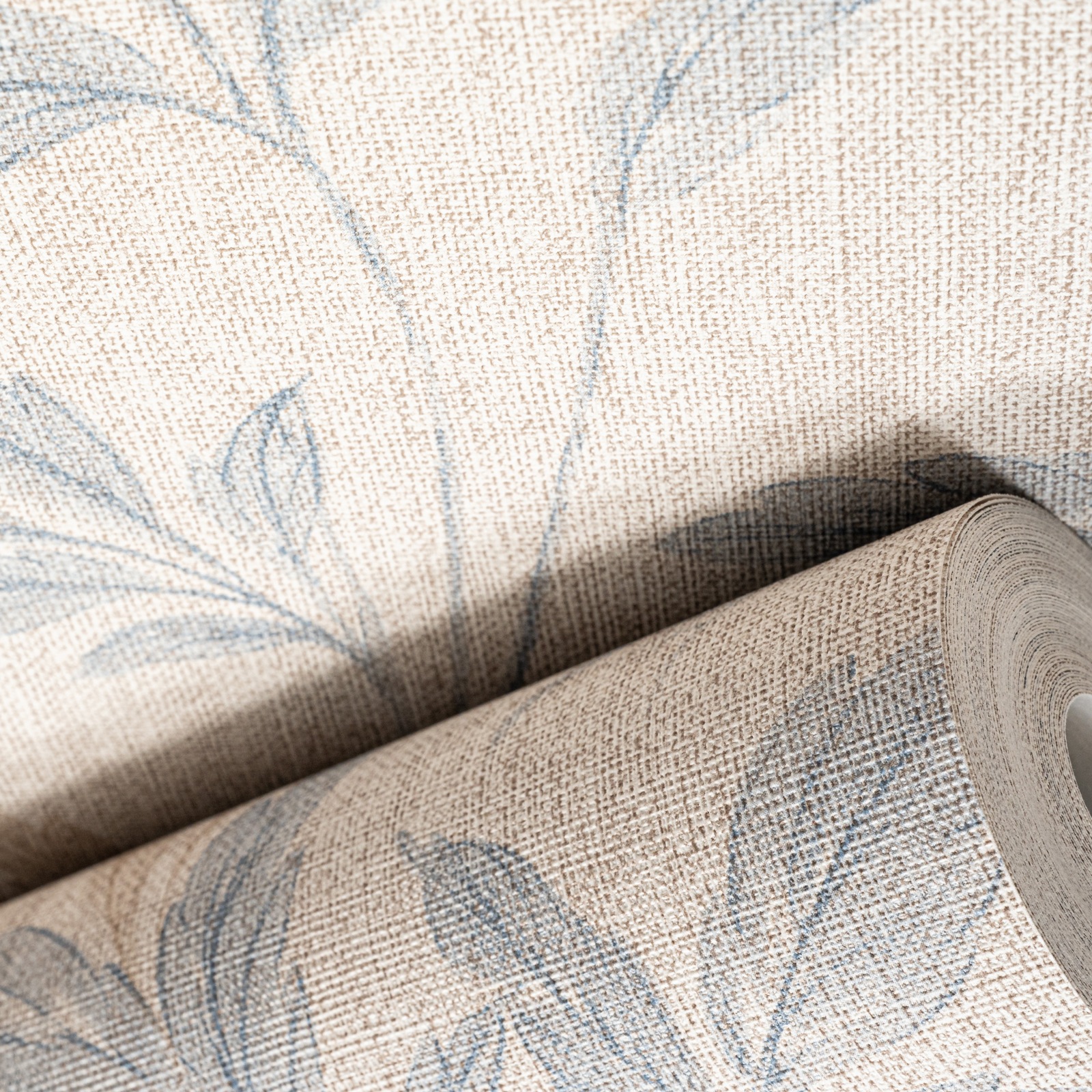Beige Floral Wallpaper Blue Brown Leaves Slightly Imperfect Textured Linen Effect Vinyl - Image 3