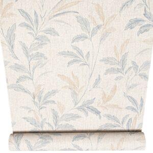 Beige Floral Wallpaper Blue Brown Leaves Slightly Imperfect Textured Linen Effect Vinyl