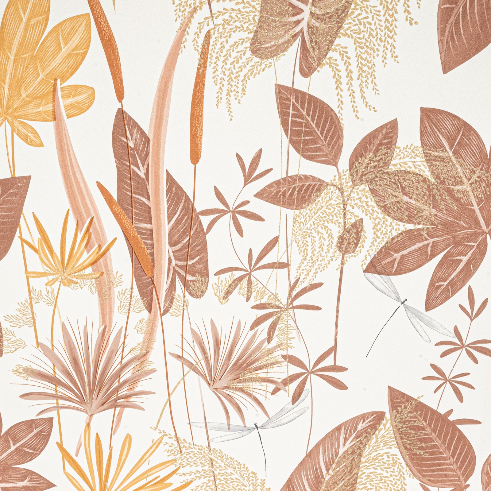 Brown Floral Wallpaper White Yellow Gold Metallic Shimmer Slightly Imperfect Vinyl - Image 8