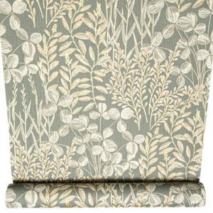Green Floral Wallpaper Gold Metallic Shimmer Slightly Imperfect Vinyl Feature Wall
