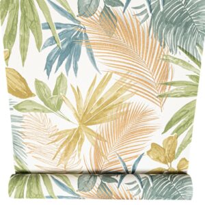Green Tropical Leaf Wallpaper Blue Gold Metallic Shimmer Slightly Imperfect Vinyl