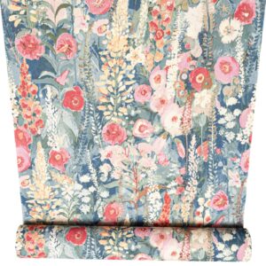 Blue Multi Floral Wallpaper Hand Painted Effect Slightly Imperfect Thick Vinyl Feature Wall
