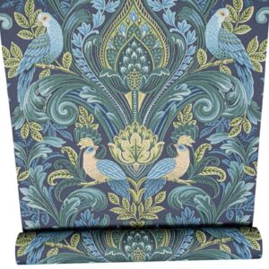 Navy Tropical Bird Wallpaper Green Floral Leaf Slightly Imperfect Vinyl Feature Wall