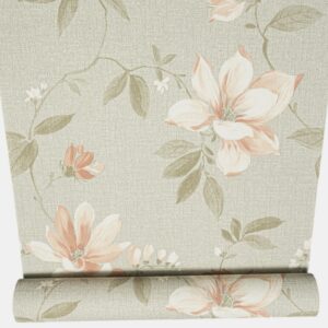 Green Pink Floral Wallpaper Linen Textured Effect Thick Slightly Imperfect Vinyl Feature Wall