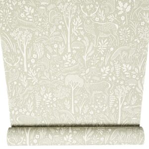 Green Floral Wallpaper Rabbits Deer Textured Slightly Imerfect Vinyl