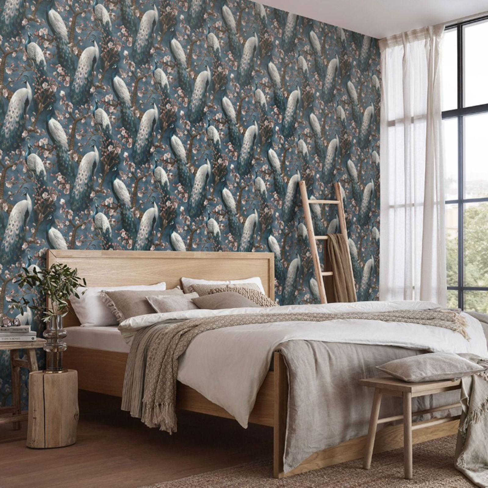 Navy Peacock Wallpaper Pink Blossom Tree Fabric Effect Textured Finish Vinyl - Image 4