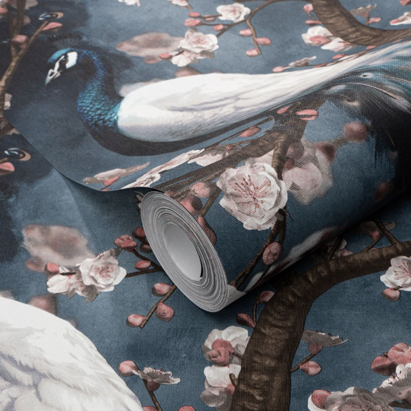Navy Peacock Wallpaper Pink Blossom Tree Fabric Effect Textured Finish Vinyl - Image 3