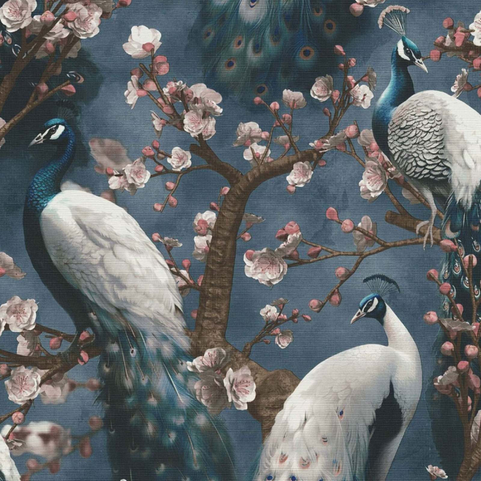 Navy Peacock Wallpaper Pink Blossom Tree Fabric Effect Textured Finish Vinyl - Image 2