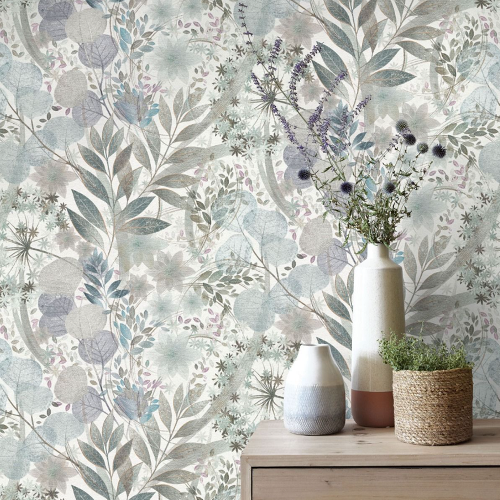 Soft Blue Floral Wallpaper Multi Leaf Textured Vinyl Feature Wall - Image 3