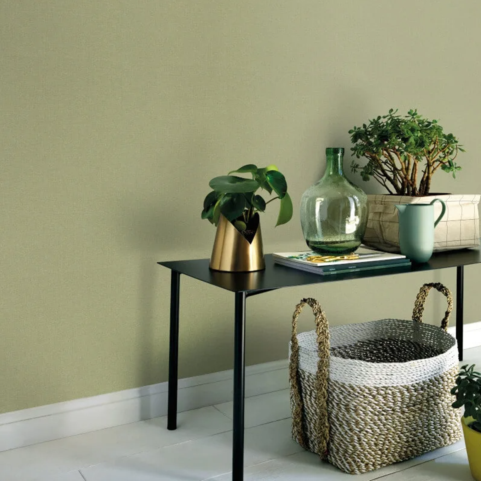 Plain Olive Green Wallpaper Textured Linen Effect Vinyl - Image 5