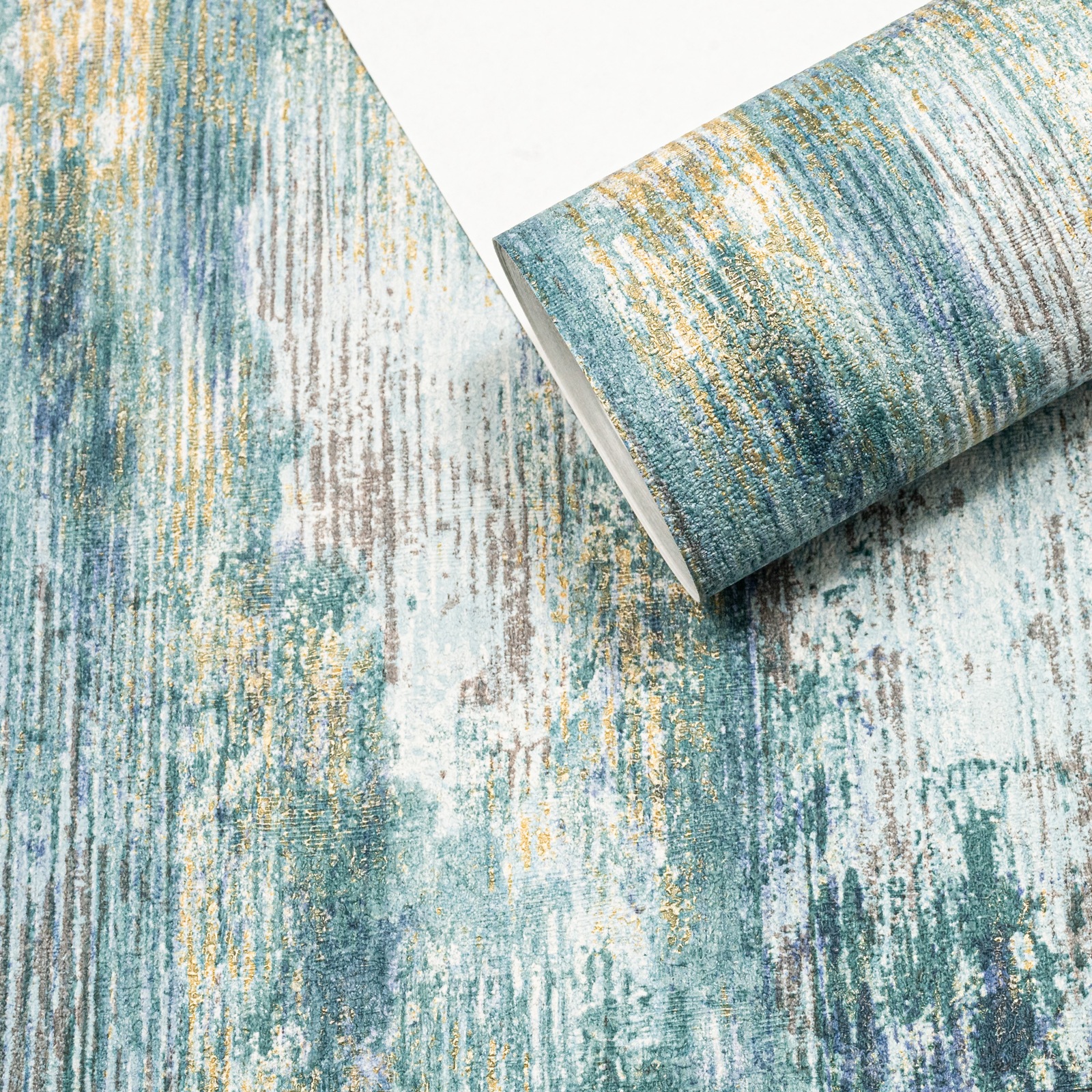 Green Blue Tones Wallpaper Gold Metallic Shimmer Textured Concrete Effect Slightly Imperfect Vinyl - Image 7