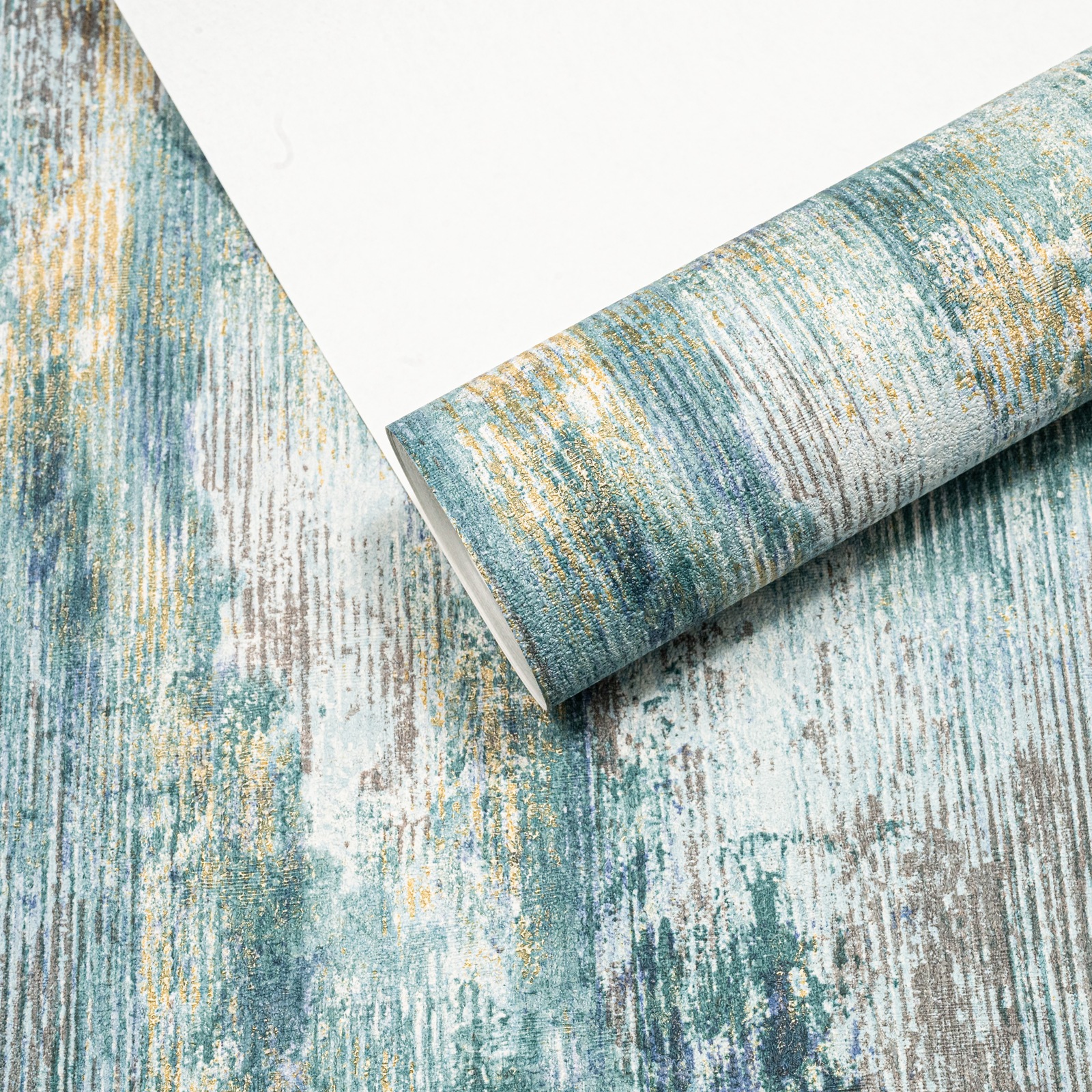Green Blue Tones Wallpaper Gold Metallic Shimmer Textured Concrete Effect Slightly Imperfect Vinyl - Image 5