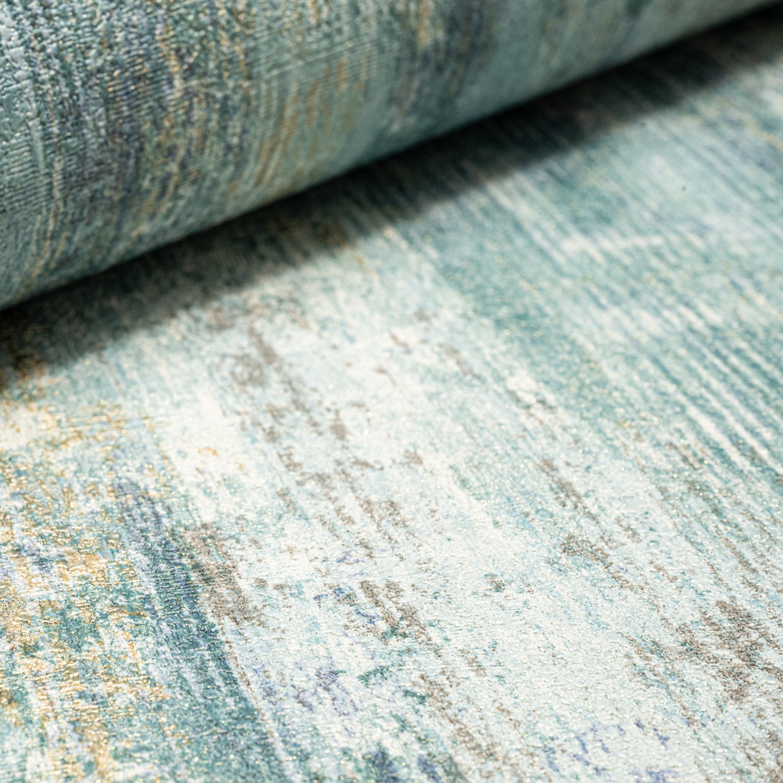 Green Blue Tones Wallpaper Gold Metallic Shimmer Textured Concrete Effect Slightly Imperfect Vinyl - Image 3