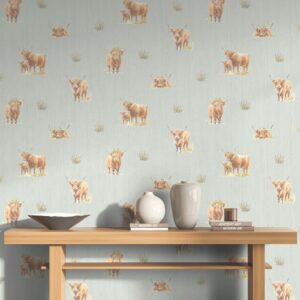 Blue Highland Cow Wallpaper Woodgrain Texture Feature