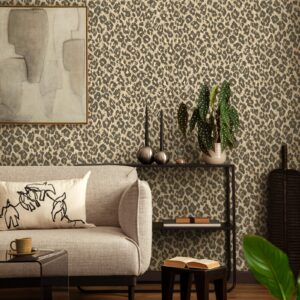 Natural Leopard Print Wallpaper Brown Beige Gold Metallic Feature Wall