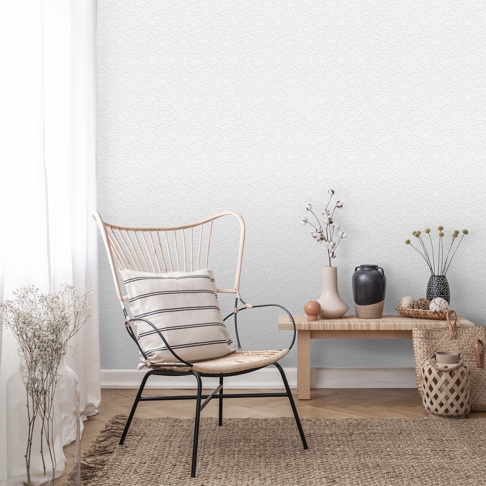 White Floral Paintable Wallpaper Thick Textured Vinyl - Image 3