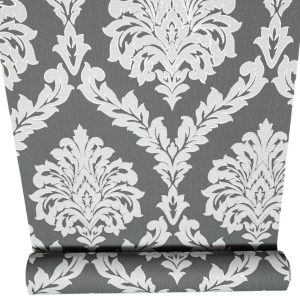 Charcoal Floral Damask Wallpaper Black Textured Silver Glitter Shimmer Vinyl Feature Wall