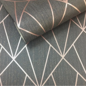 Charcoal Geometric Textured Wallpaper Metallic Rose Gold Feature Wall