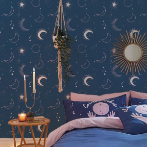 Blue Kids Night Sky Wallpaper Moon Stars Feature Wall