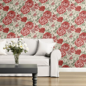 Red & Cream Floral Wallpaper Textured Heavyweight Vinyl Feature Wall